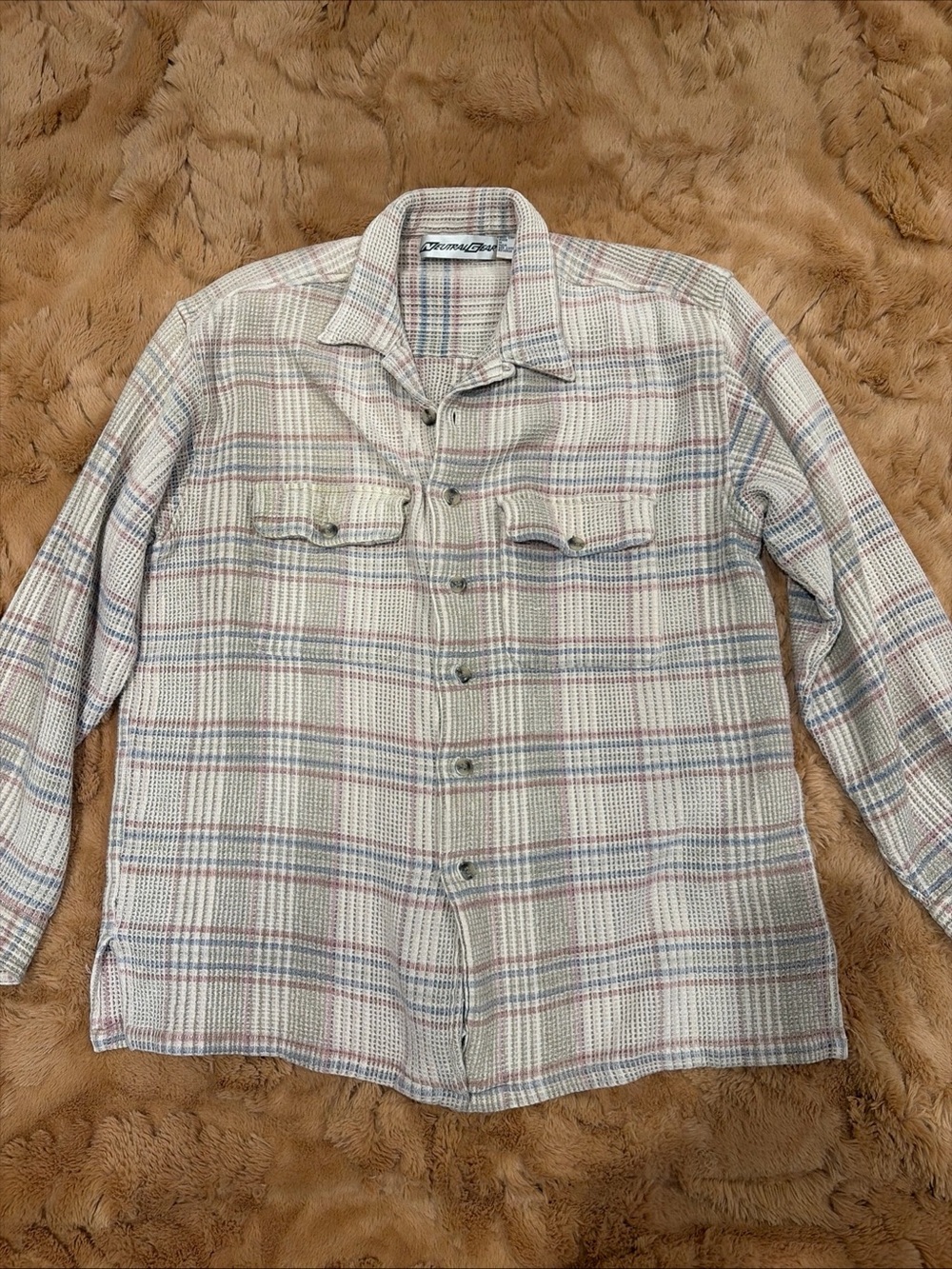 Plaid Cotton Waffle Knit Vintage Button Up Shirt Neutral 90s Preppy Grunge Muted